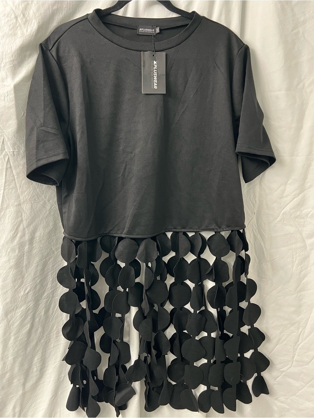 One of a kind Women’s Black Short Sleeve Top with Cutout Circle Fringe